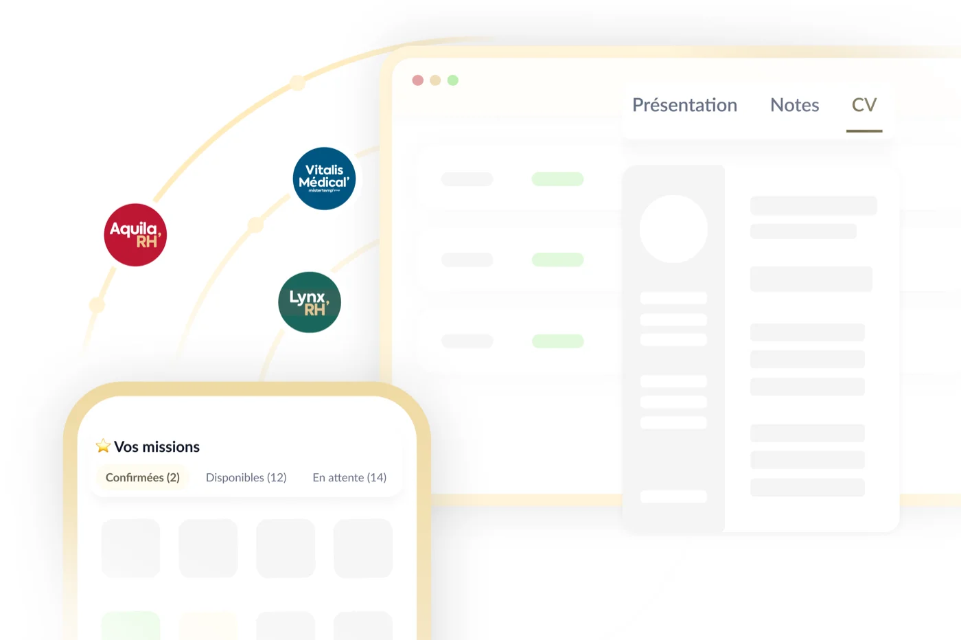 Les outils du groupe : fiche candidat Mistermatch et application mobile de missions, reliées aux marques du réseau